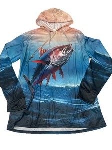 เสื้อฮู้ดตกปลาแขนยาวสำหรับผู้ชาย พิมพ์ลายปลาทูน่าด้วยเทคนิค Sublimation ป้องกันรังสียูวี UPF 50 สำหรับกิจกรรมกลางแจ้ง - Product Image 2