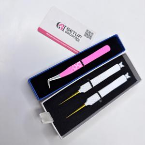 Pince à épiler professionnelle pour extensions de cils, qualité supérieure, volume russe, revêtement blanc et rose, pointe dorée, acier inoxydable droit. - Product Image 5