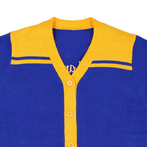 Cardigan pour femme, bleu et jaune, style preppy, col en V, manches longues, boutons sur le devant, poches, 100% acrylique, tricoté - Product Image 2
