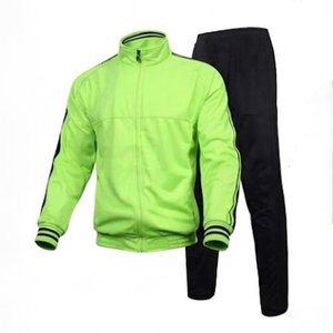 Ensembles de survêtements vert néon pour hommes : vestes zippées à col montant et pantalons de jogging noirs – Sportifs, tricotés en polyester respirant pour l'automne - Product Image 1