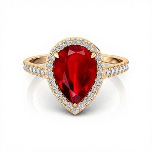 Anillo de Oro Sólido de 18k con Rubí Cultivado en Laboratorio, Corte Pera, Anillo Solitario con Diamantes Blancos Pavé Clásicos, Anillo de Boda con Halo, Piedra de Nacimiento de Julio - Product Image 1