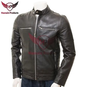 Chaqueta de Cuero Genuino Negra para Hombre, Estilo Motero, Cafe Racer, de Piel de Vacuno, con Cuello Alto y Mangas Acolchadas, Estilo Clásico Personalizado, Cálida para Invierno - Product Image 2