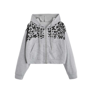 Women's 100% Cotton Cropped Hoodie with Zipper Long Sleeve Hooded <b>Top</b> Casual Winter <b>Crop</b> Hoodies Sustainable Woven Fabric - Product Image 1
