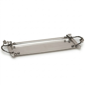 Bandeja de servir de acero inoxidable de lujo hecha a mano con elegantes asas de orquídea negra, bandeja metálica para comida, bandeja decorativa para el hogar - Product Image 1