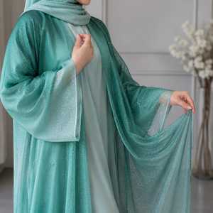 Abaya de prière islamique pour femme, en organza satiné ombré, col en V, manches longues, longueur ras du sol, légère, coupe ample, modeste, avec broderie de pierres - Product Image 3