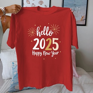 T-shirt en coton pour femme, col rond, manches courtes, imprimé, 100% coton pur, coupe classique, Happy New Year 2025 - Product Image 6