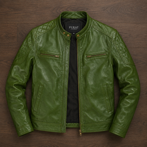 Chaqueta de Cuero Verde Gatsby de FURAT LEATHERS, Cuello Mao, Cierre de Cremallera, Transpirable, Estilo Vintage, Casual, para Hombre - Product Image 1