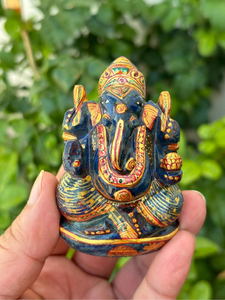 Hand Carved Hand Painted Lapis Lazuli Ganesha <b>Statue</b> | 2.75 Inch Gemstone Ganesh Idol | Gold Detailed Hindu Decor - Product Image 1