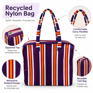 Recycled <b>Nylon</b> <b>Tote</b> Bag Reusable Shopping Carry Bag Striped Pattern Lightweight Shoulder Handbag for Daily Use - Product Image 6