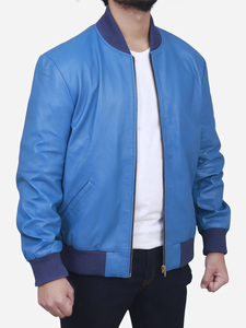 Veste bomber en cuir bleu véritable pour homme, personnalisée, style streetwear, broderie 3D, veste tendance - Product Image 5