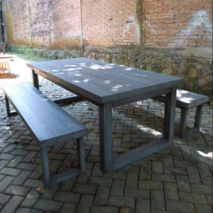 Garden <b>Set</b> 1 <b>Dining</b> Table 220x100 cm & 2 <b>Bench</b> Solid Teak Wood Grey Finish for Outdoor Use Seating 6 - Product Image 1