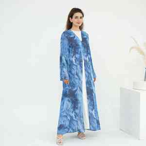 Abaya musulmane moderne bleu marine élégante pour femmes, style Dubaï, robe longue islamique modeste à devant ouvert avec ceinture perlée légère - Product Image 4