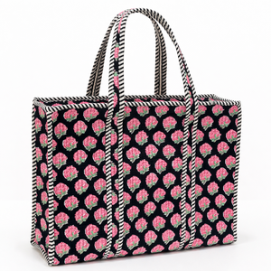 Bolso Tote de Algodón Acolchado Ligero Hecho a Mano con Cremallera, Estampado Étnico Indio de Capullos de Rosa, Gran Capacidad, para Mujer - Product Image 1