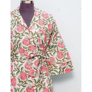 100% Pure Cotton Bohemian Straight Floral Print Long Dress <b>Bell</b> Sleeves Hand Block Printed V-Neck Midi Size Shirt Casual Summer - Product Image 4