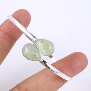 Natural Green Prehnite Gemstone 925 Sterling Silver Bypass Bangle Handmade Designer Teardrop Double <b>Stone</b> Cuff <b>Bracelet</b> - Product Image 3