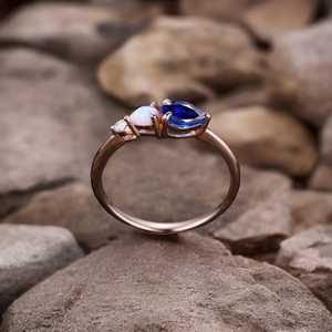 Vintage Sapphire Opal Engagement Ring Art Deco Moissanite Wedding Band Pear Cut 3 Stone <b>Unique</b> Bridal Ring - Product Image 2