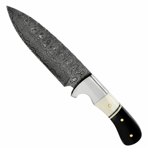 Cuchillo de Caza con Patrón Damasco, Mango de Marfil Negro, Guarda de Plata, Hoja Gris, Pernos Dorados, Hoja Fija, Herramienta Utilitaria para Camping y Actividades al Aire Libre - Product Image 1