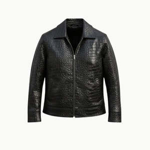 Veste moto en cuir PU noir pour homme, effet crocodile, col rabattu, fermeture éclair, coupe classique, style automne - Product Image 1