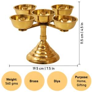 Lámpara de aceite tradicional de latón Pancha Pyali Deepam con soporte para cinco Diyas, hecha a mano, para el hogar, el templo, regalos y decoración. - Product Image 2