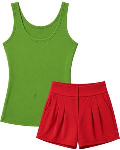 Manufacturer Custom Grass Green Tank Top With <b>Red</b> Shorts Women Summer Casual Two Piece Set Sleeveless Lounge Wear Outfit Set - Product Image 1