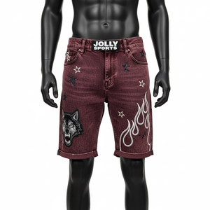 Burgundy Acid Wash Denim <b>Shorts</b> Heavy Cotton Denim Rolled Hem Streetwear Custom Embroidery <b>Patch</b> Logo Acid wash <b>men's</b> <b>shorts</b> - Product Image 1