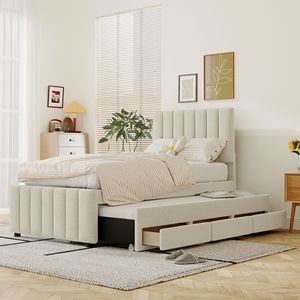 Letto a piattaforma imbottito in tessuto di lino beige, misura twin, con letto estraibile e 3 cassetti - Product Image 1
