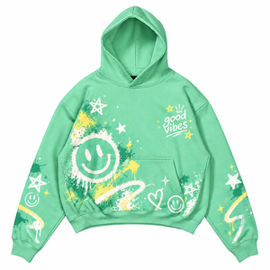 เสื้อฮู้ดสีเขียวขนาดใหญ่พิมพ์ลายยิ้มและดาว ดีไซน์กระเป๋าแบบฝรั่งเศส ผ้าฝ้าย 100% สำหรับใส่ในฤดูหนาว เหมาะสำหรับทั้งชายและหญิง - Product Image 1