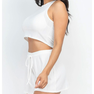 Women's <b>2</b> <b>Piece</b> <b>Set</b> Sleeveless Crop Top with Hollow Design <b>White</b> Knee-Length Shorts Casual Spring Summer Wear Polyester/Cotton - Product Image 6
