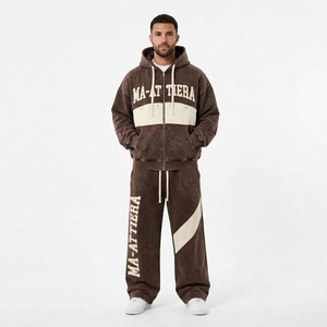 Ensemble de survêtement à capuche pour homme, marron crème, imprimé lettres, fermeture éclair intégrale, coupe ample, style décontracté, 100 % coton, collection automne - Product Image 1