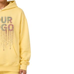 Sweat-shirt à capuche oversize jaune clair pour femme avec logo personnalisé en strass, en molleton de coton premium, pull décontracté d'hiver, personnalisable - Product Image 4