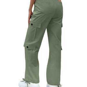 Women's High Waist <b>Cargo</b> Pants Solid Green Canvas Casual Full Length With Pockets Loose Fit Drawstring Closure Spring Style - Product Image 1