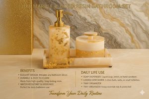 ชุดอุปกรณ์ห้องน้ำเคลือบเรซิ่นสีทองแบบนานาชาติ 3 ชิ้น พร้อมที่จ่ายสบู่เหลว โถเก็บของ และถาด ขนาด 23 x 12 x 20 ซม. - Product Image 5
