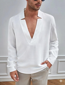เสื้อเชิ้ตคอกลมแบบมีปกสำหรับผู้ชาย เสื้อเชิ้ต The Sculpted Notch Resort เสื้อเชิ้ตแขนยาวทรงเรขาคณิตแบบ V-Placket - Product Image 1