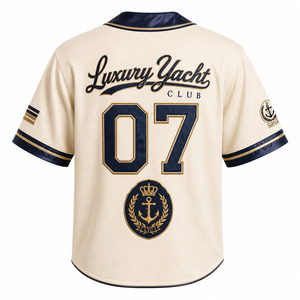 Luxury Yacht Club Baseball Jersey Men's Cream Navy Gold Embroidered Mesh Short Sleeve Button <b>Down</b> Regular Fit Adult All Seasons - Product Image 2