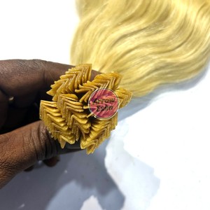 613 Blonde Curly V-Tip Indian Remy Human Hair <b>Extensions</b> Single Donor Virgin - Product Image 3