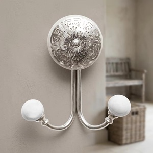 Vintage Multifunction Wall Mounted Coat Hook with 2 White <b>Ceramic</b> <b>Knobs</b> Metal Filigree Flower Design Anti Rust - Product Image 1