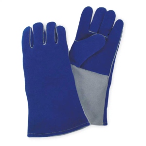 ถุงมือเชื่อมหนังวัวแท้สีน้ำเงิน ทนทาน ยาวพิเศษ อุปกรณ์ป้องกันส่วนบุคคล ปลอกนิ้วเย็บติดแน่น ป้องกันความร้อน - Product Image 1