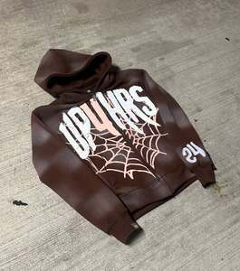 Sweat à capuche hiver 400 GSM en molleton polyester/coton épais, imprimé, respirant, effet délavé vintage, avec applique araignée et lettres - Product Image 6