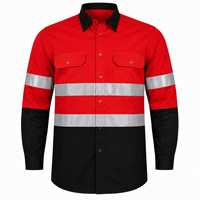 Kemeja Kerja Konstruksi Unisex Visibilitas Tinggi Merah Hitam Garis Reflektif Lengan Panjang Kancing Depan Saku Katun Bernapas