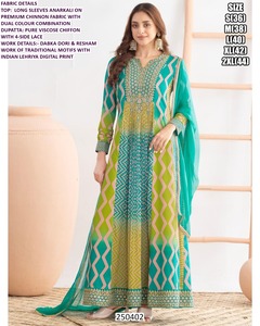 Robe Anarkali Roshan Gulzar pour femme, brodée Bandhani, élégante, longue, en jacquard Chinnon, coupe classique, toutes saisons, mariage, Diwali - Product Image 1