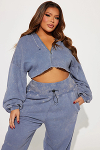 Women's Winter Hooded Tracksuits <b>Cropped</b> <b>Zip</b> <b>Up</b> Set Customizable Regular Fit Distressed Acid Wash Solid 100% Cotton Jogger - Product Image 6