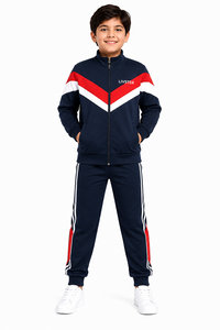 Ensemble de survêtement sportif pour enfants, hiver, à capuche, décontracté, bleu marine, rouge, blanc, blocs de couleurs, veste zippée intégrale, pantalon de survêtement respirant - Product Image 1
