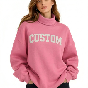 Women's Pink Mock Neck Sweatshirt With White Custom Letter Print Full Sleeve Knitted Cotton Oversized Autumn Wear - Product Image 1