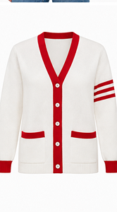 Cardigan en tricot personnalisé pour femme, col en V, boutonné, manches longues, bordure contrastante, style preppy, coupe classique, marque privée - Product Image 4