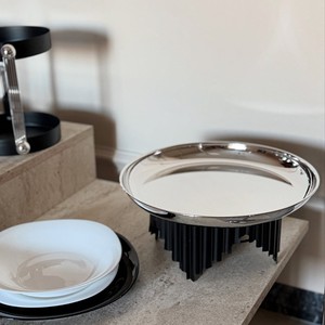 Metal Silver <b>Cake</b> <b>Stand</b> Elevated By Distinctive Fluted Architectural Black Pillars Perfect For Striking Dessert Presentations - Product Image 5