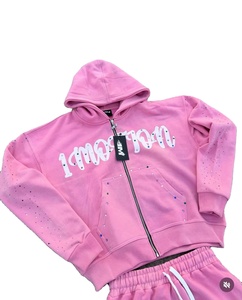 <b>Pink</b> Eco-Friendly Solid Tracksuit Set Hooded Zipper <b>Sweatshirt</b> Pants Casual Winter Wear Full Length 100% Cotton - Product Image 6