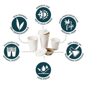 Vasos de Café <span class=keywords><strong>para</strong></span> Llevar, Biodegradables, de Doble Pared, Hechos de Bagazo de Caña de Azúcar, Desechables, con Tapa - Product Image 2