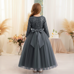 Robe de soirée princesse en velours gris premium brodée de sequins et de dentelle douce à col en V pour filles, vente en gros OEM ODM - Product Image 2