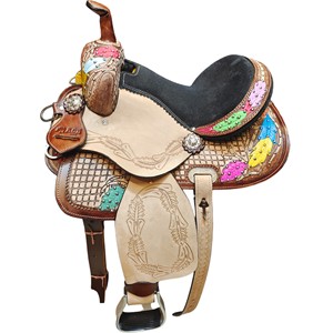 Selle de cheval adulte en cuir premium pour le barrel racing western, avec siège et équipement, disponible - Product Image 1