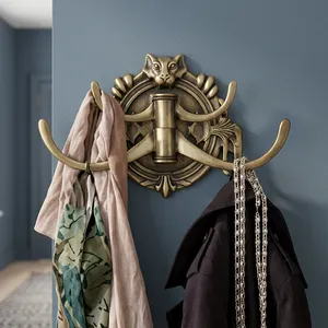 Perchero de pared metálico con acabado de latón antiguo y diseño decorativo de león, 4 ganchos dobles, estilo vintage para entrada, sombreros, abrigos y ropa. - Product Image 2